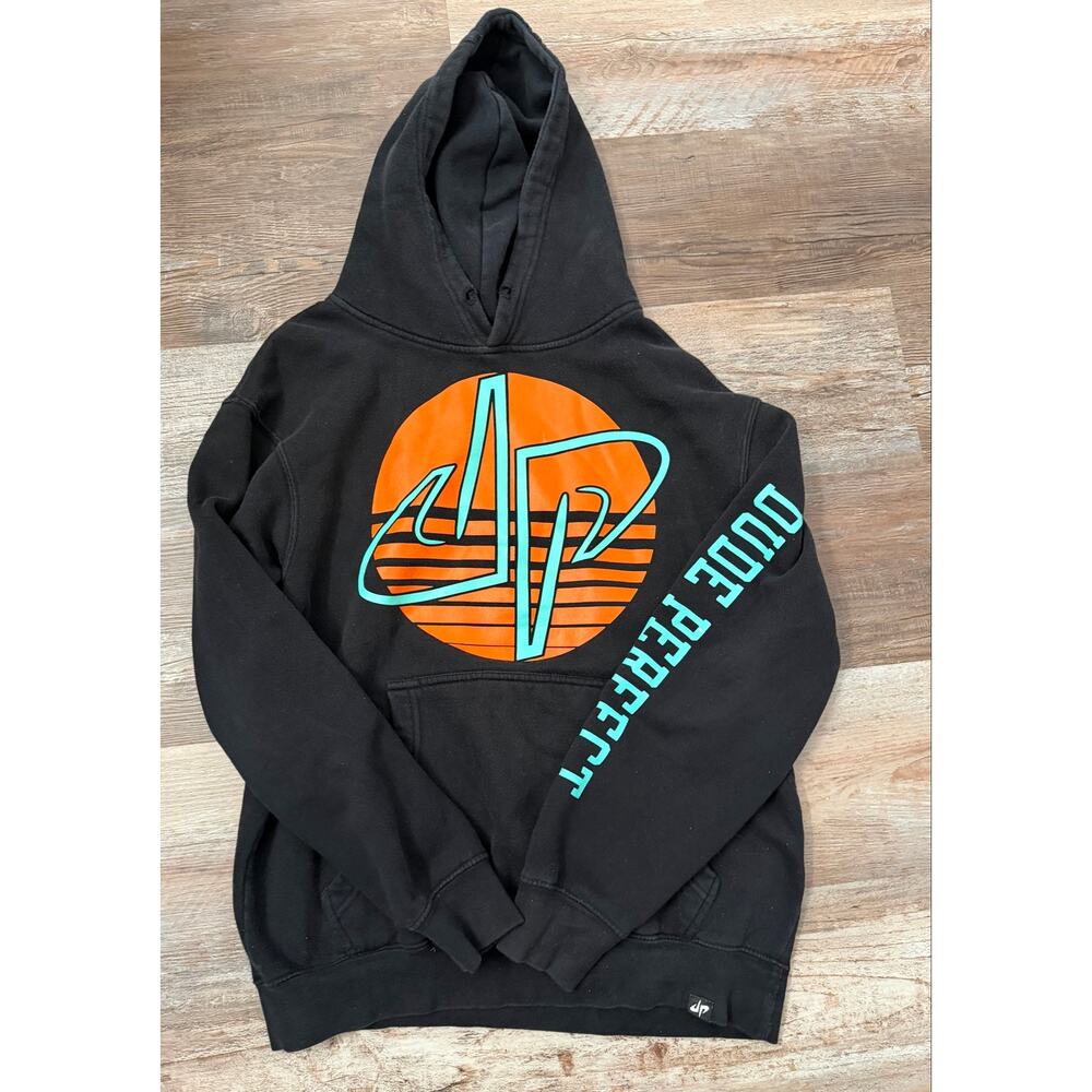 Dude Perfect black hoodie featuring a bright orange and teal size M